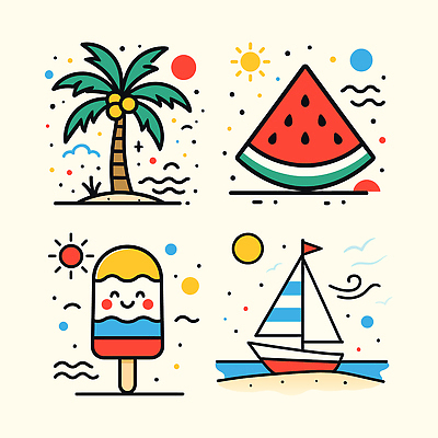 바다 요트 일러스트 바캉스용품 미소 사람없음 여름 세트 야자수 태양 막대아이스크림 수박조각 엘리먼트 국내일러스트 AI파일 자연요소 나무 계절 조각 배_교통 아이스크림 수박 표정 오브젝트 파일형식 벡터