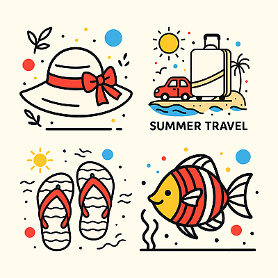 리본 바다 일러스트 자동차 어류 사람없음 여름 세트 태양 캐리어 쪼리 오브젝트 엘리먼트 챙모자 국내일러스트 AI파일 자연요소 모자_잡화 계절 육상교통 여행가방 수중동물 샌들 파일형식 벡터