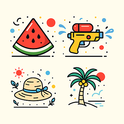 바다 일러스트 사람없음 여름 세트 야자수 태양 오브젝트 밀짚모자 물총 수박조각 엘리먼트 국내일러스트 AI파일 자연요소 나무 모자_잡화 계절 조각 수박 파일형식 벡터