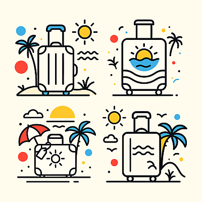 일러스트 바캉스용품 사람없음 여름 세트 야자수 태양 캐리어 여행가방 파라솔 오브젝트 엘리먼트 국내일러스트 AI파일 자연요소 나무 계절 가방 파일형식 벡터