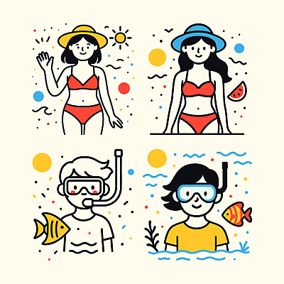 여자 남자 어린이 바다 일러스트 미소 소년 여러명 성인 여름 세트 비키니 태양 바닷속 잠수 손인사 스노클링용품 엘리먼트 챙모자 물고기떼 국내일러스트 AI파일 자연요소 모자_잡화 계절 수영복 스포츠용품 다수 표정 어류 사람 수중 인사 스노클링 파일형식 벡터