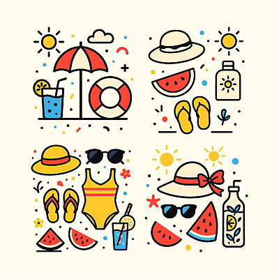 수영복 리본 일러스트 사람없음 여름 세트 선글라스 태양 파라솔 쪼리 선크림 오브젝트 밀짚모자 튜브 수박조각 엘리먼트 음료수병 챙모자 블루레몬에이드 국내일러스트 AI파일 자연요소 모자_잡화 옷 계절 안경 조각 수박 화장품 샌들 에이드 병_담는 파일형식 벡터