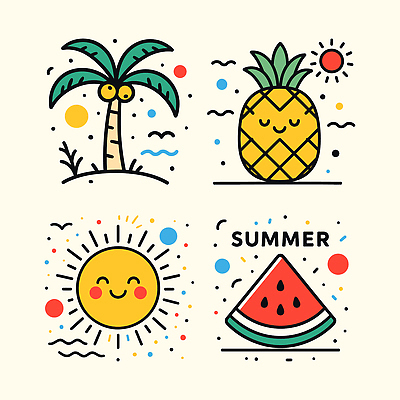 바다 일러스트 미소 사람없음 여름 세트 야자수 태양 파인애플 수박조각 엘리먼트 국내일러스트 AI파일 자연요소 나무 계절 조각 과일 수박 표정 열대과일 파일형식 벡터