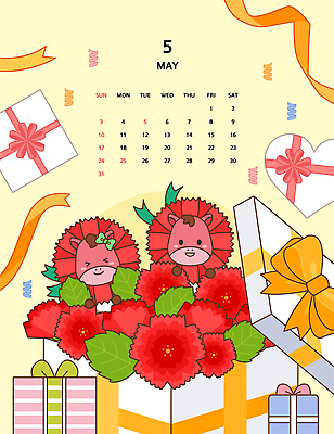 캐릭터 디자인 기념일 꽃 행복 리본 일러스트 포장 선물 사랑 이벤트 사람없음 선물상자 귀여움 달력 축하 말_동물 5월 카네이션 즐거움 오브젝트 가정의달 2026년 국내일러스트 일러캐릭터 병오년 붉은말 붉은말캐릭터 AI파일 식물 감정 컨셉 포유류 상자 날짜 연도 말캐릭터 파일형식 벡터
