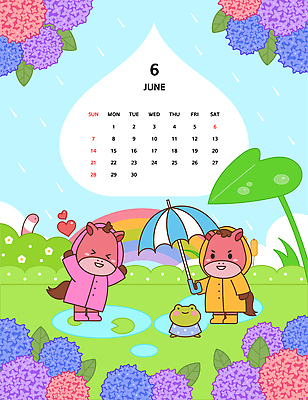 캐릭터 디자인 꽃 행복 무지개 일러스트 우산 날씨 나뭇잎 개구리 들기 사람없음 여름 귀여움 달력 연못 말_동물 6월 빗자루 즐거움 우비 장마 수국 2026년 국내일러스트 일러캐릭터 병오년 붉은말 붉은말캐릭터 AI파일 자연요소 식물 옷 계절 감정 컨셉 잎 포유류 모션 양서류 비_날씨 날짜 청소도구 연도 말캐릭터 파일형식 벡터
