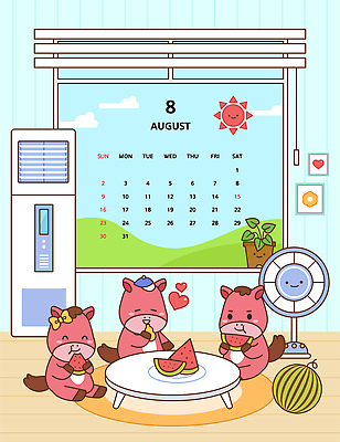 캐릭터 행복 과일 일러스트 식탁 탁자 휴식 수박 사람없음 여름 친구 귀여움 달력 말_동물 선풍기 더위 먹기 에어컨 즐거움 8월 2026년 국내일러스트 일러캐릭터 병오년 붉은말 붉은말캐릭터 AI파일 계절 감정 가구 컨셉 포유류 관계 모션 날씨 가전제품 날짜 연도 말캐릭터 파일형식 벡터