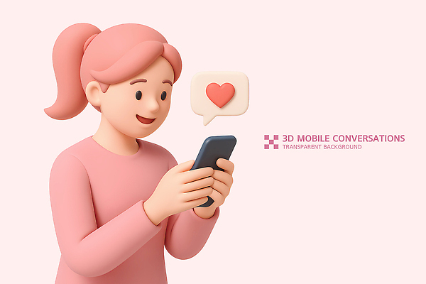 PSD 편집이미지 여자 인물캐릭터 분홍색 말풍선 모바일 3D캐릭터 대화 사랑 한명 미소 들기 상반신 친구 스마트폰 3D 디지털 기쁨 하트 표현 메시지 소통 메신저 연분홍색 편집3D 모양 캐릭터 1 감정 컬러 컨셉 관계 모션 표정 말하기 사람 핸드폰 스마트기기 디지털합성 파일형식