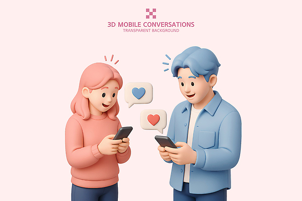 PSD 편집이미지 커플 여자 남자 인물캐릭터 말풍선 모바일 3D캐릭터 대화 사랑 미소 들기 상반신 두명 친구 스마트폰 3D 하트 표현 소통 공감 소셜미디어 연분홍색 상호작용 편집3D 모양 캐릭터 감정 분홍색 컨셉 관계 모션 표정 말하기 사람 핸드폰 스마트기기 디지털합성 파일형식