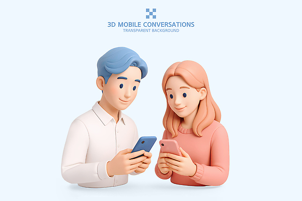 PSD 편집이미지 여자 남자 인물캐릭터 하늘색 모바일 3D캐릭터 대화 미소 들기 상반신 두명 친구 스마트폰 3D 디지털 소통 소셜미디어 상호작용 편집3D 캐릭터 컨셉 관계 모션 표정 말하기 사람 파란색 핸드폰 스마트기기 디지털합성 파일형식