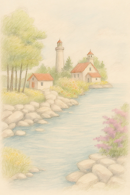 JPG 나무 꽃 여행 일러스트 자연 하늘 색연필 주택 등대 사람없음 여름 마을 고요 바위 시골 강가 스케치 그림 국내일러스트 AI일러스트 AI콘텐츠 식물 계절 학용품 미술 건물 강 돌_바위 생태계 파일형식