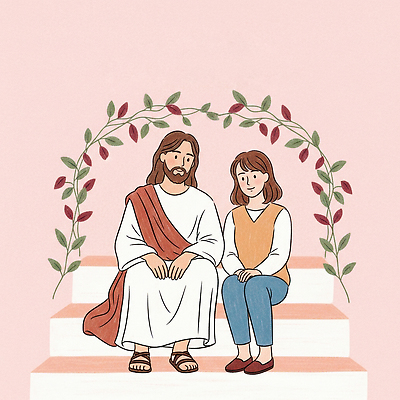 JPG 전신 여자 남자 분홍색 잎 일러스트 따뜻함 미소 앉기 두명 교회 계단 기도 예수 하나님 기독교인 그림 찬양 사상 차분 국내일러스트 AI일러스트 AI콘텐츠 식물 기독교 컬러 컨셉 종교건축 모션 표정 사람 건물 신_종교 파일형식