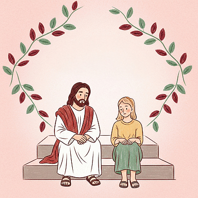 JPG 전신 여자 남자 분홍색 잎 일러스트 따뜻함 사랑 미소 앉기 두명 교회 평화 계단 기쁨 기도 예수 하나님 기독교인 손모으기 찬양 소통 교감 국내일러스트 AI일러스트 AI콘텐츠 식물 감정 기독교 컬러 컨셉 종교건축 모션 표정 사람 손짓 건물 신_종교 파일형식