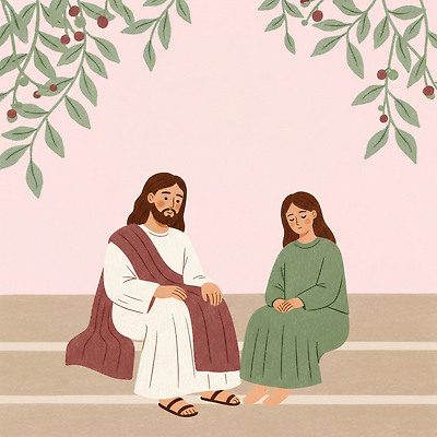 JPG 전신 여자 남자 분홍색 일러스트 나뭇잎 따뜻함 미소 앉기 두명 교회 평화 눈감음 기도 예수 하나님 기독교인 분위기 그림 손모으기 찬양 국내일러스트 AI일러스트 AI콘텐츠 기독교 컬러 컨셉 잎 종교건축 모션 표정 사람 손짓 건물 신_종교 파일형식