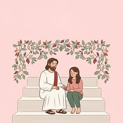 JPG 전신 여자 남자 분홍색 잎 일러스트 휴식 사랑 미소 앉기 두명 교회 평화 계단 믿음 손잡기 기도 예수 하나님 기독교인 포근함 편안함 찬양 소통 국내일러스트 AI일러스트 AI콘텐츠 식물 감정 기독교 컬러 컨셉 종교건축 모션 표정 사람 건물 신_종교 감각 파일형식