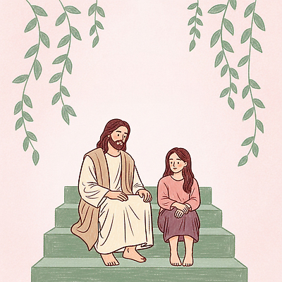 JPG 전신 여자 남자 행복 분홍색 잎 일러스트 휴식 따뜻함 사랑 미소 앉기 두명 교회 계단 기도 예수 하나님 기독교인 그림 손모으기 찬양 소통 국내일러스트 AI일러스트 AI콘텐츠 식물 감정 기독교 컬러 컨셉 종교건축 모션 표정 사람 손짓 건물 신_종교 파일형식