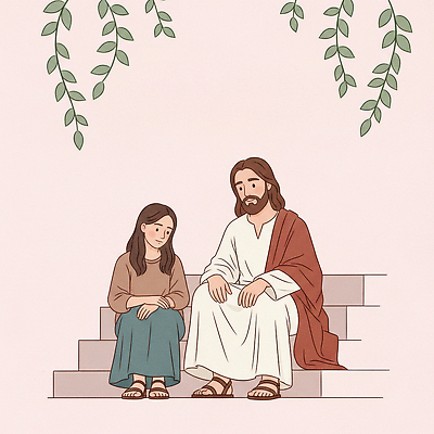 JPG 전신 여자 남자 분홍색 잎 일러스트 따뜻함 미소 앉기 두명 교회 계단 믿음 기도 예수 하나님 기독교인 편안함 그림 손모으기 찬양 소통 국내일러스트 AI일러스트 AI콘텐츠 식물 감정 기독교 컬러 컨셉 종교건축 모션 표정 사람 손짓 건물 신_종교 감각 파일형식