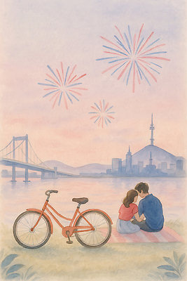 JPG 전신 커플 여자 남자 일러스트 휴식 불꽃놀이 대화 사랑 앉기 빌딩 잔디 성인 두명 뒷모습 소풍 평화 자전거 여름풍경 기쁨 도시 저녁 즐거움 돗자리 감성 뷰티풀 한강다리 성인만 국내일러스트 AI일러스트 AI콘텐츠 식물 감정 뷰포인트 컨셉 관계 모션 놀이 말하기 사람 풍경 건물 야외활동 바이크 다리_건축물 야간 한강 파일형식 여름_계절