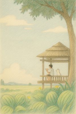 JPG 나무 구름 남자 꽃 여유 일러스트 하늘 휴식 한명 들기 앉기 소년 초원 평화 고요 여름풍경 강아지 먹기 정자 감성 사색 수박밭 수박조각 소년한명만 국내일러스트 AI일러스트 AI콘텐츠 자연요소 식물 1 건축물 감정 어린이 조각 컨셉 생각 밭 모션 수박 사람 풍경 반려동물 개 남자한명만 소년만 파일형식 여름_계절