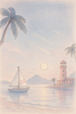 JPG 바다 섬 여행 요트 일러스트 밤하늘 바람 휴식 산 주택 등대 사람없음 물 야자수 태양 반사 평화 고요 일몰 여름풍경 저녁 유성 힐링 조용 국내일러스트 AI일러스트 AI콘텐츠 자연요소 나무 컨셉 배_교통 하늘 날씨 풍경 건물 노을 야간 파일형식 여름_계절