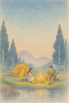 JPG 나무 커플 여자 남자 별 호수 여행 연주 일러스트 자연 휴식 산 텐트 들기 앉기 성인 야외 두명 평화 여름풍경 캠핑 머그컵 기타 숲 유성 모닥불 즐거움 감성 별빛 소통 통나무의자 성인만 국내일러스트 AI일러스트 AI콘텐츠 자연요소 식물 감정 음악 컨셉 의자 관계 모션 불 현악기 레저 캠핑도구 사람 풍경 컵 빛 생태계 파일형식 여름_계절