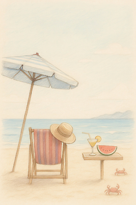 JPG 구름 여유 파도 바다 의자 일러스트 자연 탁자 하늘 휴식 해변 사람없음 모래사장 햇빛 여름풍경 꽃게 파라솔 칵테일 즐거움 선베드 칵테일잔 비치모자 레몬장식 수박조각 국내일러스트 AI일러스트 AI콘텐츠 자연요소 모자_잡화 감정 조각 가구 컨셉 술잔 수박 주류 풍경 장식 태양 게 레몬 생태계 파일형식 여름_계절