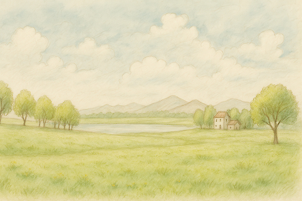 JPG 나무 구름 호수 여유 일러스트 자연 하늘 산 주택 풍경 초원 사람없음 평화 고요 여름풍경 스케치 파스텔톤 풍경화 국내일러스트 AI일러스트 AI콘텐츠 자연요소 식물 감정 컬러 컨셉 미술 건물 그림 생태계 파일형식 여름_계절