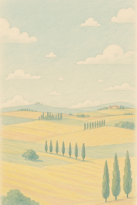 JPG 나무 구름 여유 일러스트 자연 하늘 산 주택 풍경 초원 사람없음 여름 농경지 평화 고요 여름풍경 시골 스케치 그림 파스텔톤 국내일러스트 AI일러스트 AI콘텐츠 자연요소 식물 계절 감정 컬러 컨셉 미술 건물 농장 생태계 파일형식 여름_계절