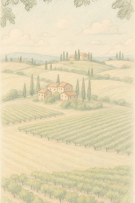 JPG 나무 구름 여유 여행 일러스트 자연 하늘 주택 풍경 초원 사람없음 평화 마을 여름풍경 시골 과수원 스케치 언덕 포도밭 토스카나 파스텔톤 전경 국내일러스트 AI일러스트 AI콘텐츠 자연요소 식물 감정 컬러 컨셉 밭 농업 미술 건물 이탈리아 생태계 파일형식 탑뷰 여름_계절
