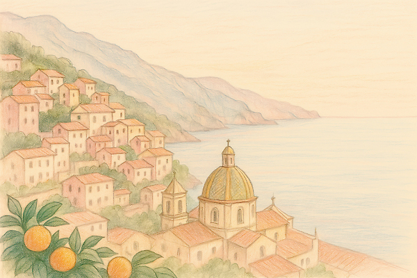 JPG 구름 바다 일러스트 자연 하늘 귤 산 주택 해변 사람없음 교회 평화 마을 고요 여름풍경 스케치 과일나무 파스텔톤 국내일러스트 AI일러스트 AI콘텐츠 자연요소 나무 컬러 컨셉 과일 종교건축 미술 풍경 건물 생태계 파일형식 여름_계절