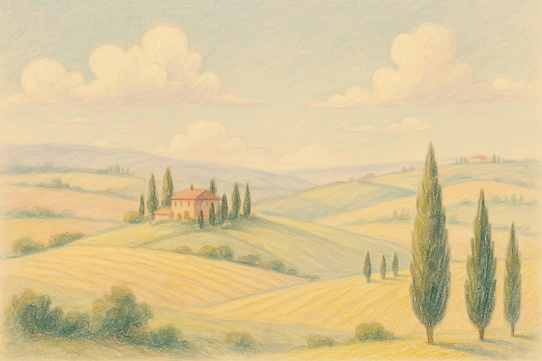 JPG 나무 구름 일러스트 자연 하늘 주택 초원 사람없음 농가 여름풍경 스케치 언덕 토스카나 파스텔톤 평야 국내일러스트 AI일러스트 AI콘텐츠 자연요소 식물 컬러 미술 풍경 건물 농장 이탈리아 생태계 파일형식 여름_계절
