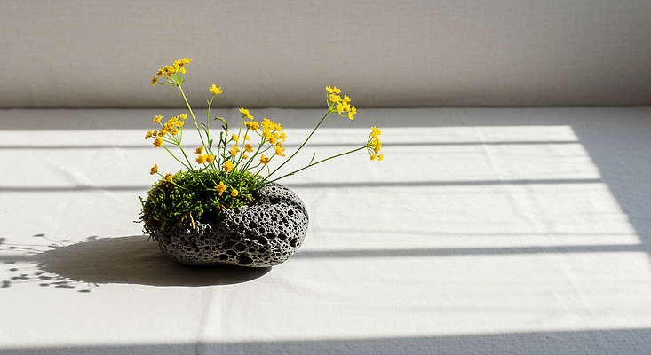 JPG 편집이미지 꽃 그림자 이끼 사람없음 인테리어 돌_바위 숲 디지털합성 힐링 이미지편집 편집실사 AI포토 AI콘텐츠 식물 디자인 CG 파일형식