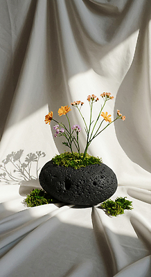 JPG 편집이미지 꽃 그림자 이끼 사람없음 인테리어 흐름 돌_바위 숲 천 디지털합성 힐링 이미지편집 편집실사 AI포토 AI콘텐츠 식물 디자인 컨셉 직물 CG 파일형식