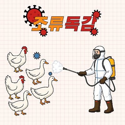 전신 남자 일러스트 오리 한명 들기 안전 성인 빨간색 농장 닭 바이러스 위생 질병 뿌리기 예방 방역 소독 소독제 조류독감 조류인플루엔자 방호복 방역기 국내일러스트 AI파일 1 옷 컬러 농업 의학 모션 조류 사람 전염병 파일형식 벡터
