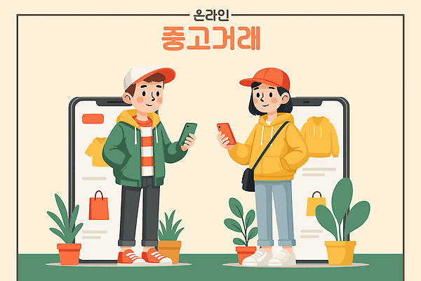 전신 식물 여자 남자 화분 일러스트 청소년 대화 미소 들기 두명 초록색 스마트폰 쇼핑 쇼핑백 홈페이지 노란색 스크린 구매 주머니손 크로스백 후드티셔츠 온라인 캡모자 중고거래 국내일러스트 AI파일 모자_잡화 컬러 티셔츠 가방 모션 표정 말하기 사람 핸드폰 스마트기기 거래 파일형식 벡터