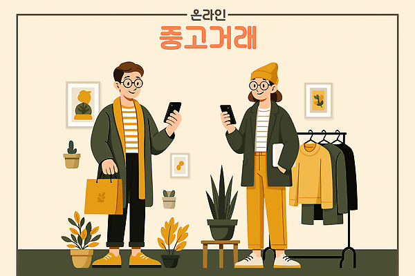 전신 식물 여자 남자 화분 액자 일러스트 미소 들기 성인 두명 생활 책 스마트폰 쇼핑 인테리어 쇼핑백 노란색 판매 구매 즐거움 비니 온라인 스탠드옷걸이 안경낌 중고거래 국내일러스트 AI파일 모자_잡화 디자인 감정 안경 컬러 가방 모션 표정 사람 핸드폰 스마트기기 거래 옷걸이 파일형식 벡터