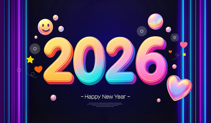 PSD 편집이미지 행복 감정 별 새해 기념 폭죽 미소 사람없음 그래픽 3D 희망 기쁨 하트 축하 인사 원형 모던 네온 해피뉴이어 입체문자 2026년 이미지편집 편집3D 자연요소 모양 도형 문자 컨셉 표정 새해인사 예절 연도 디지털합성 파일형식