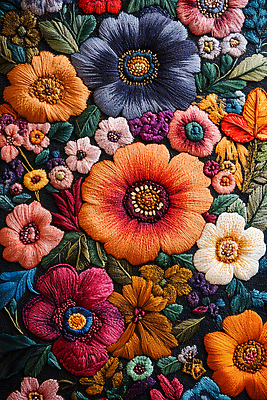 JPG 편집이미지 디자인 문화 예술 잎 꽃무늬 사람없음 컬러풀 직물 실 자수 수공예 수놓기 텍스타일 플라워패턴 핸드메이드 디테일 편집실사 AI포토 AI콘텐츠 식물 꽃 컬러 무늬 패턴 공예 CG 파일형식