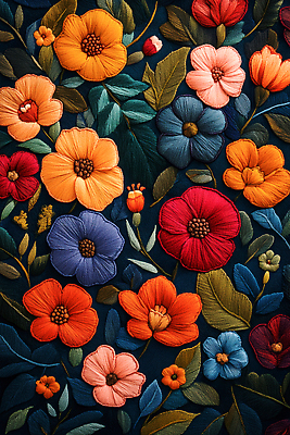 JPG 편집이미지 디자인 예술 잎 꽃무늬 사람없음 컬러풀 직물 실 천 꽃봉오리 자수 수공예 수예 텍스타일 플라워패턴 핸드메이드 편집실사 AI포토 AI콘텐츠 식물 꽃 컬러 무늬 패턴 취미 공예 CG 파일형식