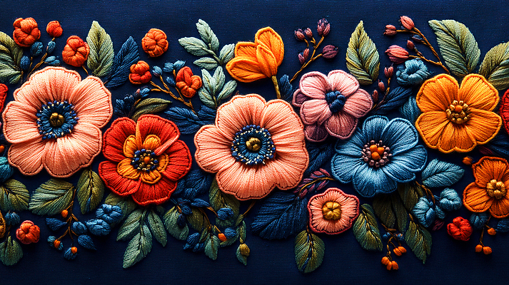 JPG 편집이미지 디자인 예술 잎 꽃무늬 사람없음 컬러풀 노란색 주황색 직물 실 고급 꽃봉오리 자수 수공예 텍스타일 플라워패턴 핸드메이드 편집실사 AI포토 AI콘텐츠 식물 꽃 컬러 컨셉 무늬 패턴 공예 CG 파일형식