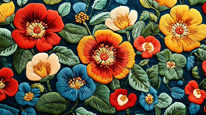 JPG 식물 편집이미지 디자인 예술 잎 꽃무늬 취미 사람없음 컬러풀 직물 실 꽃봉오리 자수 섬유 수공예 퀼트 텍스타일 플라워패턴 핸드메이드 편집실사 AI포토 AI콘텐츠 꽃 컬러 무늬 패턴 공예 CG 파일형식