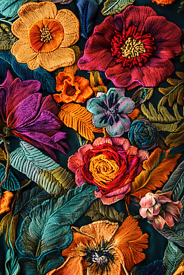 JPG 편집이미지 디자인 예술 잎 꽃무늬 사람없음 컬러풀 직물 실 공예 자수 수공예 수놓기 텍스타일 플라워패턴 핸드메이드 편집실사 AI포토 AI콘텐츠 식물 꽃 컬러 무늬 패턴 취미 CG 파일형식