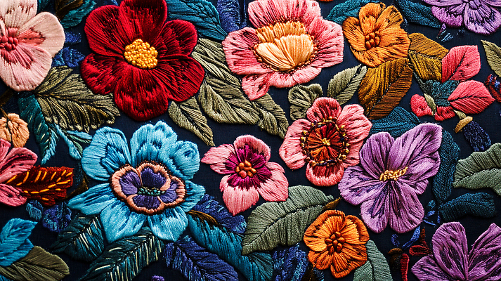 JPG 편집이미지 디자인 문화 예술 잎 꽃무늬 사람없음 컬러풀 직물 실 공예 공예품 자수 수공예 수놓기 텍스타일 플라워패턴 핸드메이드 편집실사 AI포토 AI콘텐츠 식물 꽃 컬러 무늬 패턴 취미 CG 파일형식