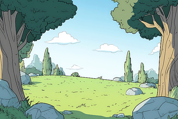 JPG 나무 식물 구름 일러스트 자연 하늘 풍경 잔디 초원 사람없음 초록색 여름 평화 맑음 봄 바위 숲 그림 국내일러스트 AI일러스트 AI콘텐츠 자연요소 계절 컬러 컨셉 날씨 돌_바위 생태계 파일형식