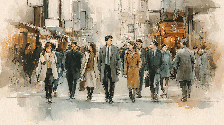 JPG 여자 남자 문화 여유 일러스트 수채화 거리 직장 대화 정장 여러명 일상 걷기 상점 산책 코트 비즈니스맨 비즈니스우먼 군중 혼잡 겨울옷 바쁨 국내일러스트 AI일러스트 AI콘텐츠 옷 감정 다수 겨울 회사 비즈니스 모션 휴식 말하기 사람 라이프 외투 직장인 파일형식