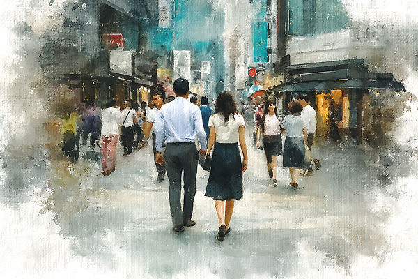 JPG 커플 여자 남자 일러스트 수채화 거리 여러명 일상 쇼핑 걷기 상점 손잡기 활발 도심 군중 혼잡 어울림 국내일러스트 AI일러스트 AI콘텐츠 다수 컨셉 관계 모션 사람 라이프 도시 파일형식