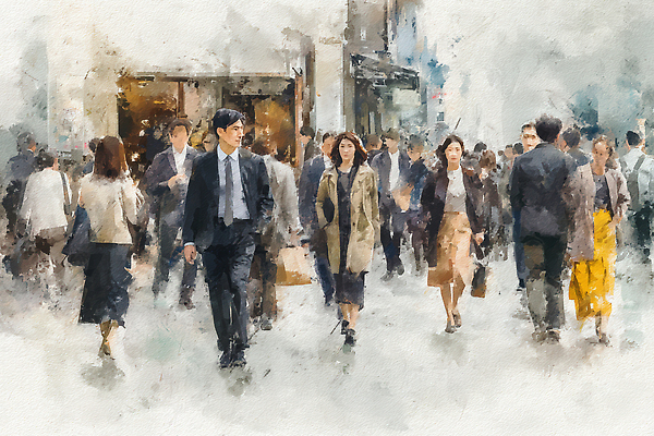 JPG 여자 남자 일러스트 수채화 거리 정장 여러명 일상 상점 비즈니스맨 비즈니스우먼 군중 혼잡 출퇴근 국내일러스트 AI일러스트 AI콘텐츠 옷 다수 비즈니스 사람 라이프 직장인 파일형식