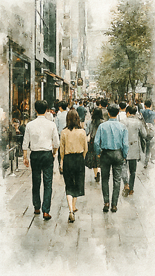 JPG 여자 남자 일러스트 날씨 수채화 거리 함께함 대화 정장 여러명 일상 걷기 상점 가을 비즈니스맨 비즈니스우먼 분위기 도심 군중 혼잡 국내일러스트 AI일러스트 AI콘텐츠 옷 계절 다수 컨셉 비즈니스 모션 말하기 사람 라이프 도시 직장인 파일형식