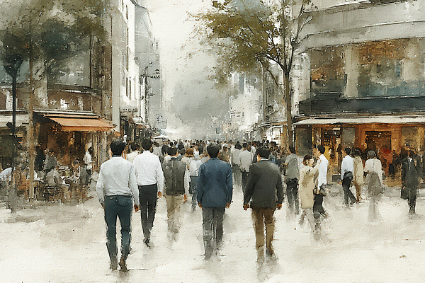 JPG 여자 남자 일러스트 수채화 거리 풍경 정장 여러명 일상 도시풍경 상점 산책 비즈니스맨 비즈니스우먼 도심 군중 혼잡 카페거리 국내일러스트 AI일러스트 AI콘텐츠 옷 다수 비즈니스 휴식 사람 라이프 카페 도시 직장인 파일형식