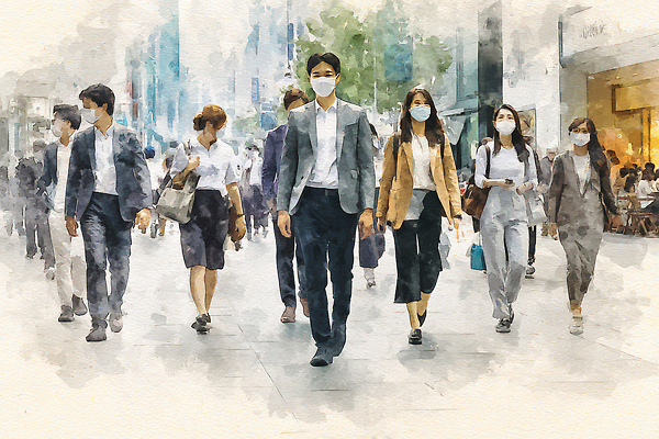 JPG 여자 남자 일러스트 수채화 거리 마스크 안전 풍경 정장 여러명 일상 여름 걷기 활발 비즈니스맨 비즈니스우먼 사회 도심 군중 혼잡 바쁨 국내일러스트 AI일러스트 AI콘텐츠 옷 계절 다수 컨셉 비즈니스 모션 사람 라이프 도시 직장인 공동체 파일형식