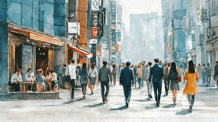 JPG 여자 남자 여유 일러스트 수채화 거리 대화 정장 여러명 일상 생활 걷기 도심 군중 혼잡 카페테라스 국내일러스트 AI일러스트 AI콘텐츠 옷 감정 다수 모션 말하기 사람 라이프 카페 도시 파일형식